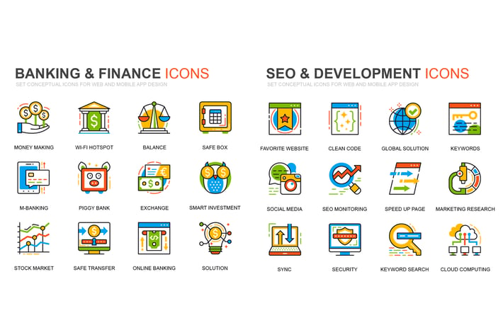 Banking and Seo Development Line Icons Set