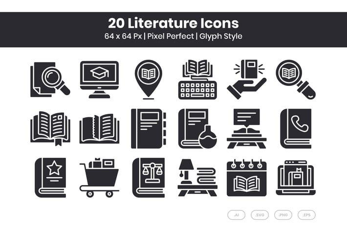 20 Literature Icons Set - Glyph