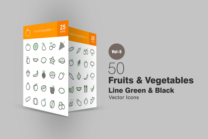 50 Fruits & Vegetables Line Green & Black Icons
