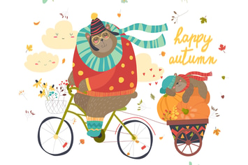 Cute bear riding a bicycle with sleeping cub.