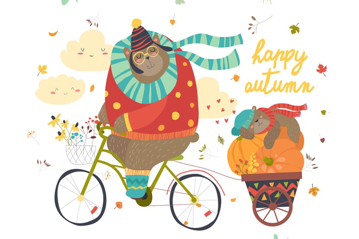 Cute bear riding a bicycle with sleeping cub.