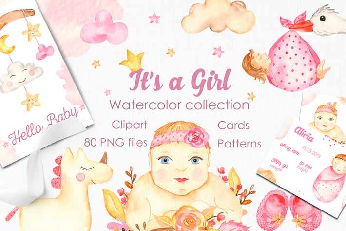 It’s a girl watercolor clipart, cards, patterns
