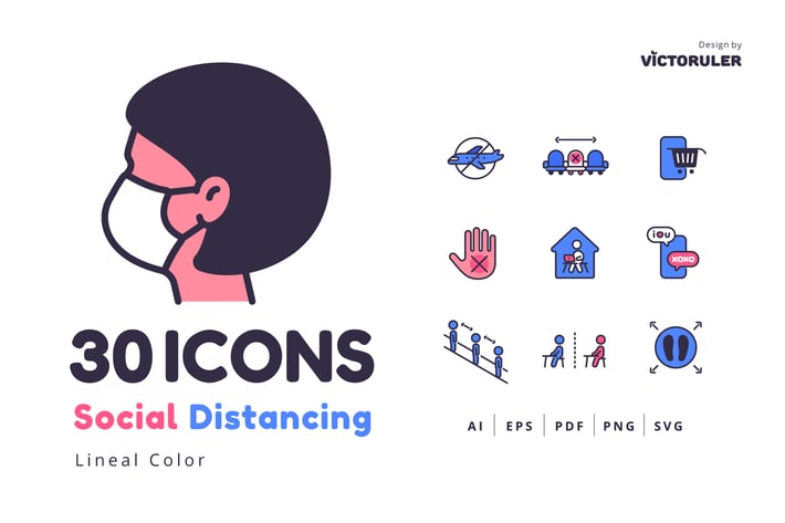 30 Social Distancing Icons Lineal Color Style