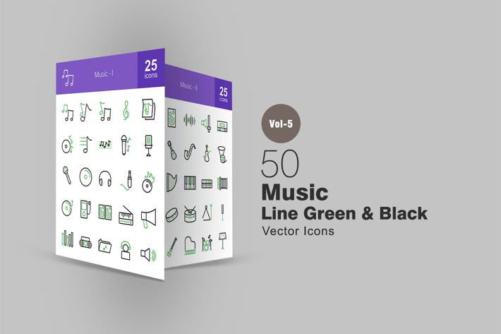 50 Music Line Green & Black Icons