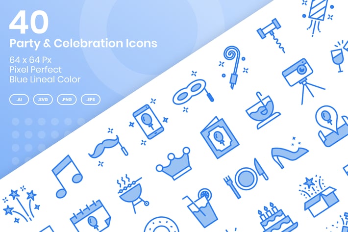 40 Party & Celebration Icons - Blue Lineal Color