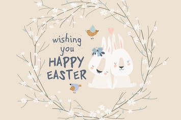 Cute cartoon bunny with Easter eggs and flowers. 