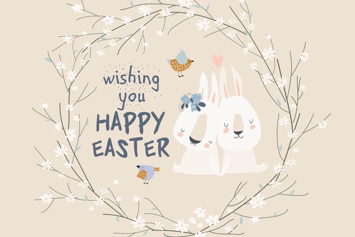 Cute cartoon bunny with Easter eggs and flowers. 