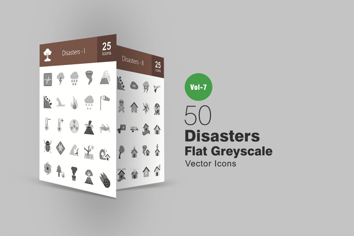 50 Disasters Flat Greyscale Icons