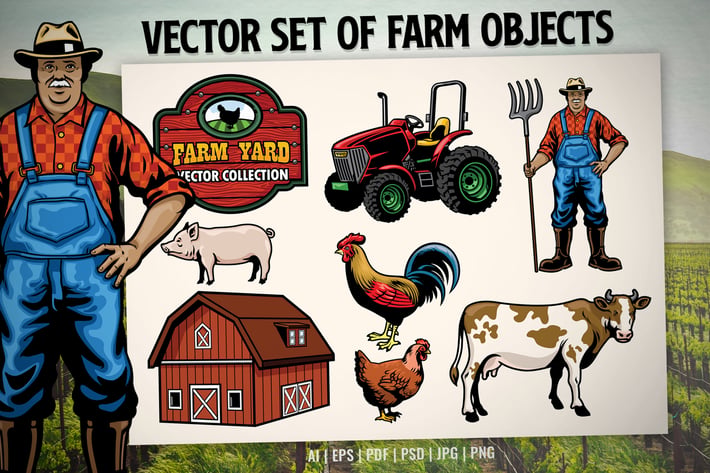 vector set of farm objects