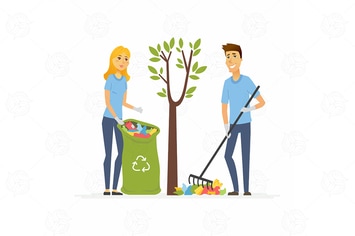 Volunteers collect garbage - vector illustration