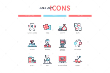 Poker and gambling - line design style icons set