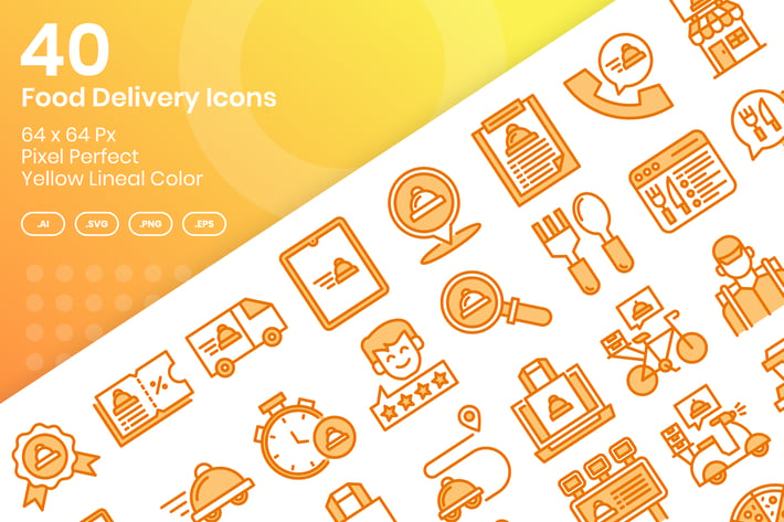 40 Food Delivery Icons Set - Yellow Lineal Color