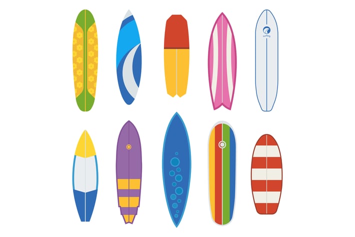 Different Surfboards and Surfing desks