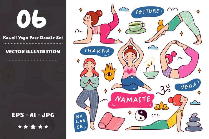 Kawaii Yoga Pose Doodle Set