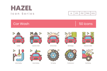 50 Car Wash Color Line Icons