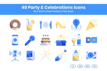 40 Party & Celebrations Icons Set - Flat