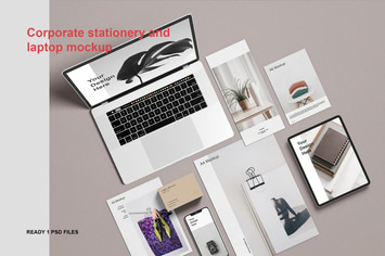 Corporate stationery and laptop mockup