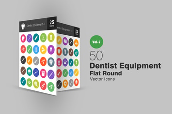 50 Dentist Equipment Flat Round Icons