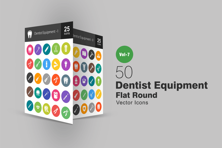 50 Dentist Equipment Flat Round Icons