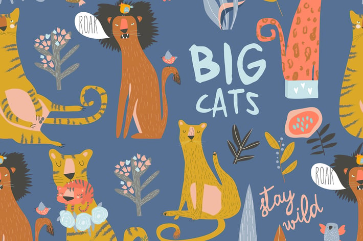 Seamless pattern of cartoon wild cats. Lion,tiger,