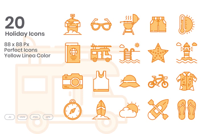 20 Holiday Icons Set - Yellow Lineal Color