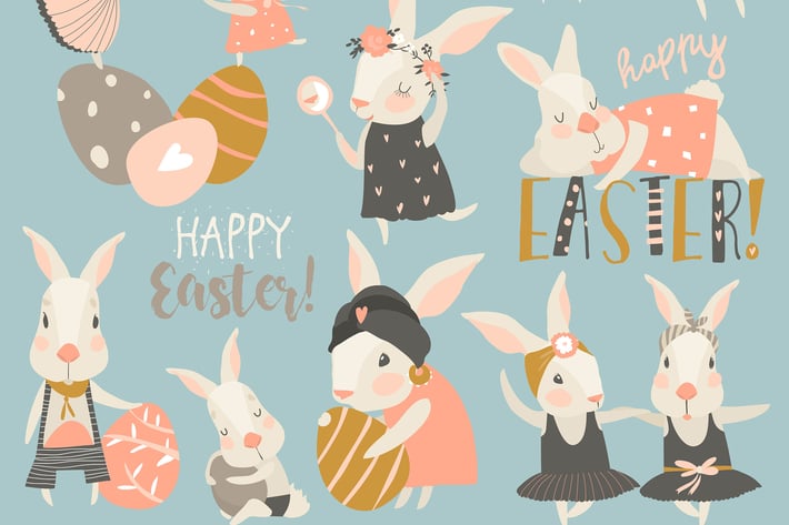 Vector set cartoon illustration of cute rabbit and