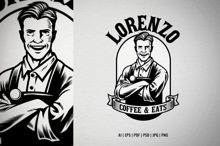 Vintage coffee logo with barista mascot