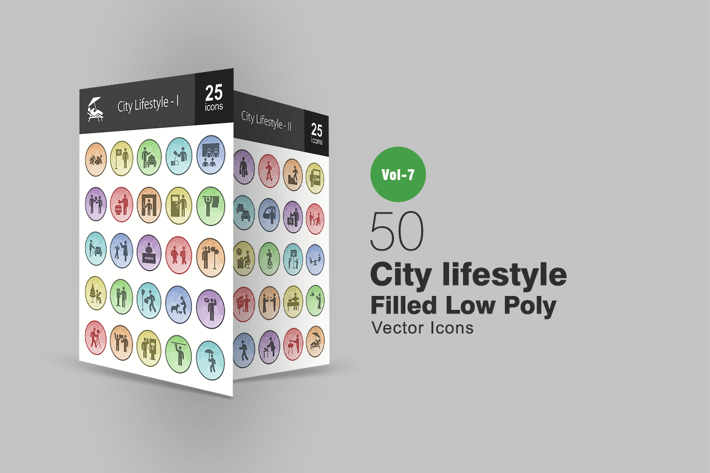50 City Lifestyle Filled Low Poly Icons