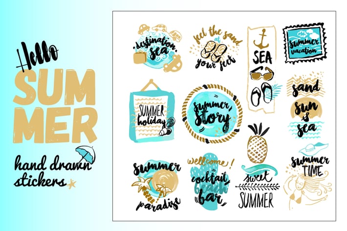 Set of hand drawn watercolor signs of summer.