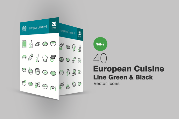 40 European Cuisine Green & Black Line Icons