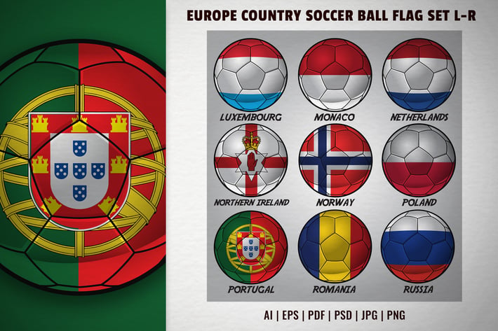Europe country soccer ball flag set L-R