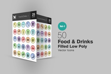 50 Food & Drinks Filled Low Poly Icons
