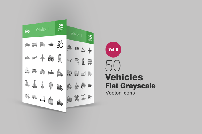 50 Vehicles Flat Greyscale Icons