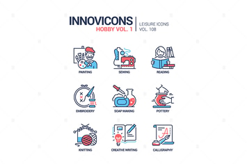 Hobby and activities - line design style icons set