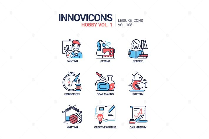 Hobby and activities - line design style icons set