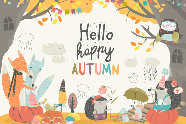 Funny animals meeting autumn in the forest. Vector