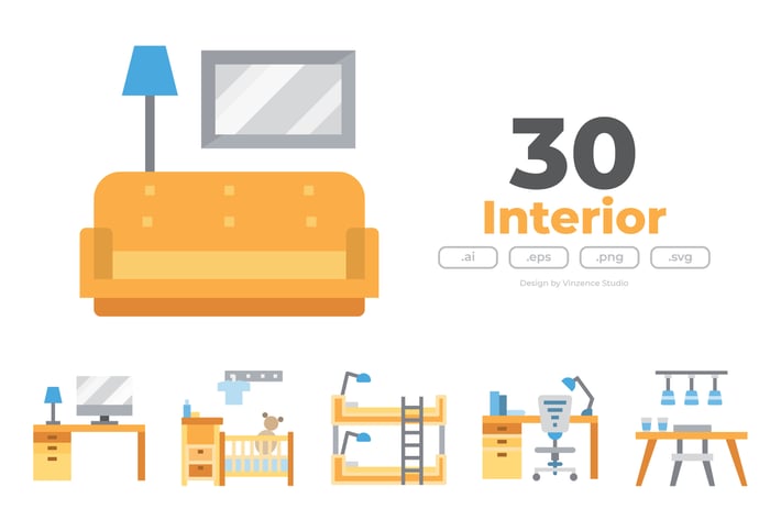 30 Interior Furniture Icons - FLAT