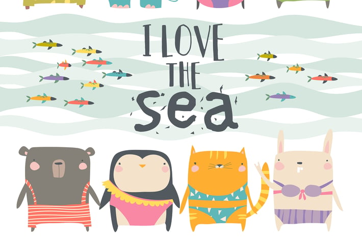 Vector set of cute animals wearing swimsuit on whi