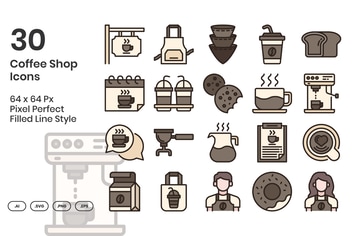 30 Coffee Shop Icons Set - Filled Line