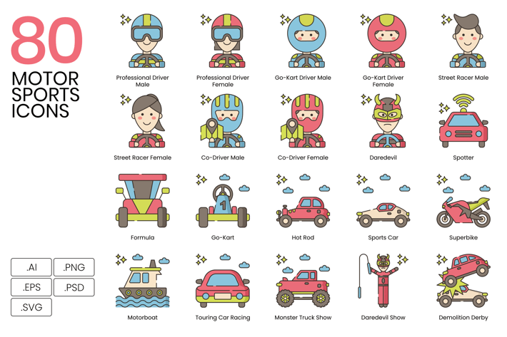 80 Motor Sports Line Icons