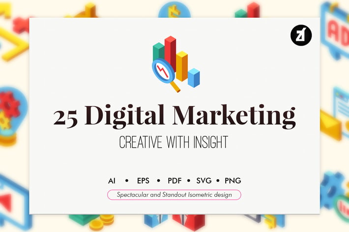 25 Digital marketing isometric elements