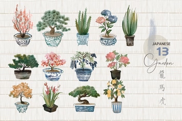 Watercolor japanese bonsai - illustrations set