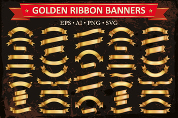 Golden Ribbon Banners Vector Set,  44 Elements