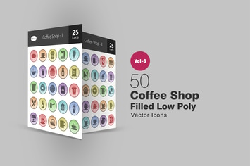 50 Coffee Shop Filled Low Poly Icons