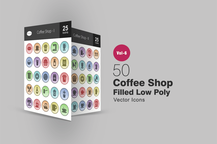 50 Coffee Shop Filled Low Poly Icons