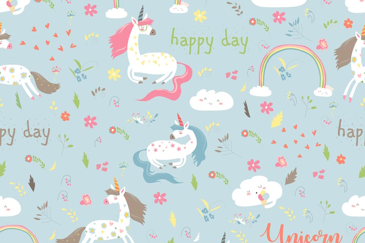 Vector cartoon seamless pattern girl with unicorn.