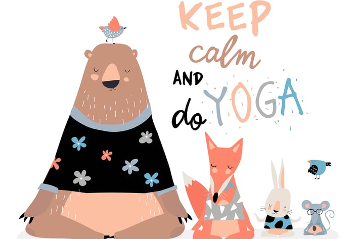 Cute animals sitting in yoga lotus pose and relaxi