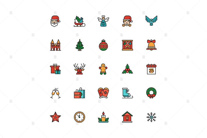 December holiday symbols colorful linear icons set
