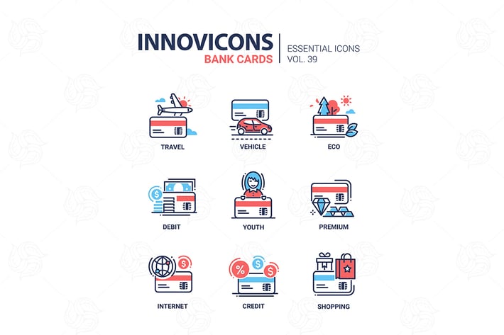Bank Cards - vector line design icons set