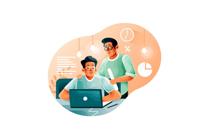 Leader supervising office worker in startup